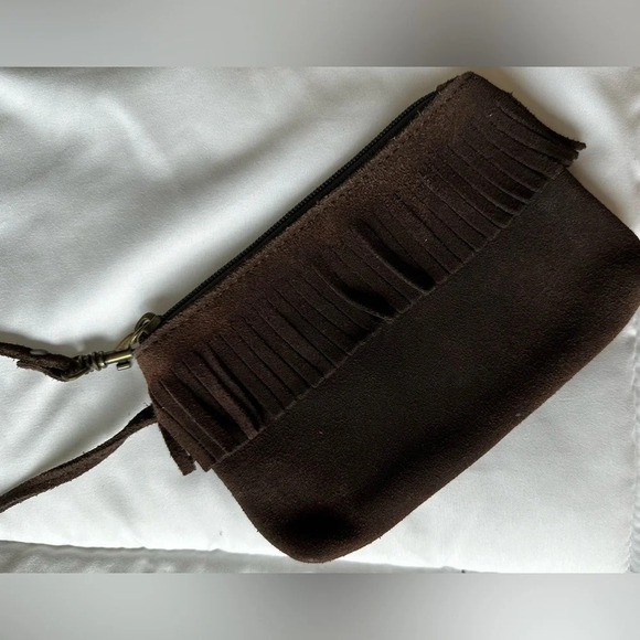 Old Navy Leather Brown Fringe Wristlet - Picture 1 of 5